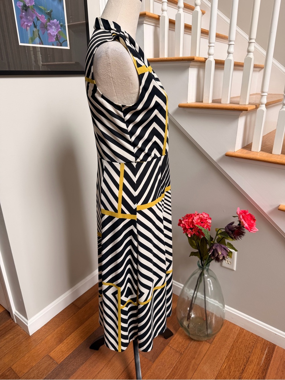 Jones New York Medium Sleeveless Navy and White Striped Midi Dress Yellow Accent - Picture 3 of 7